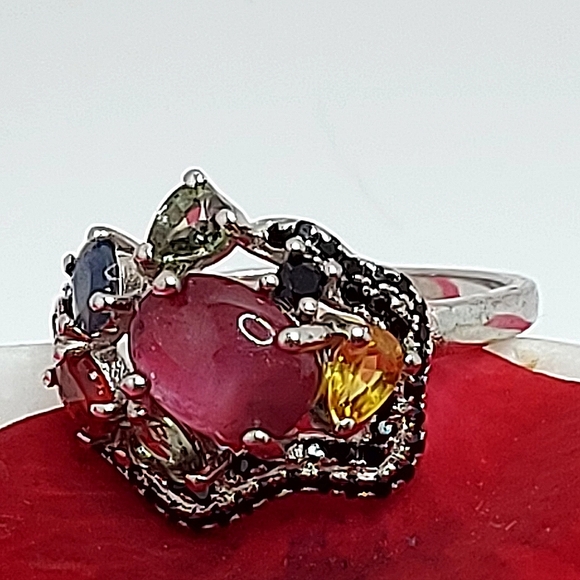 Unheated Natural Ruby 9×7 mm & Black‎ Spinel 925 Sterling Silver Ring Sz 6.5 - Picture 6 of 6